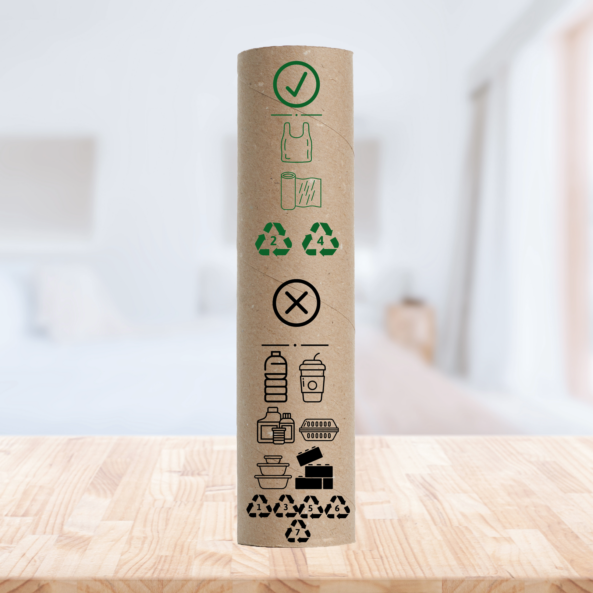 Plastic film recycling tube back on a table