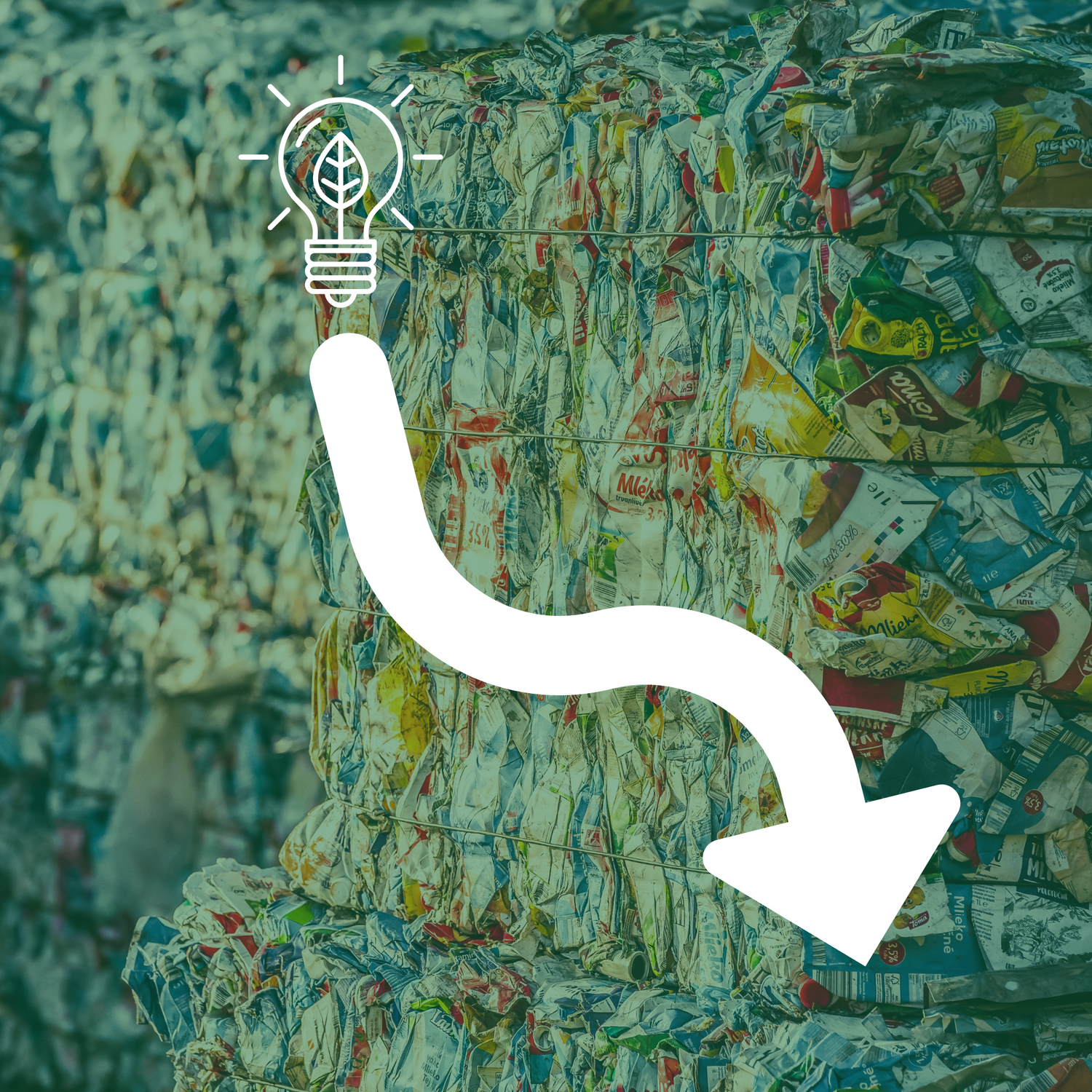 Plastic waste in bales behind a white arrow with a lightbulb at the start.