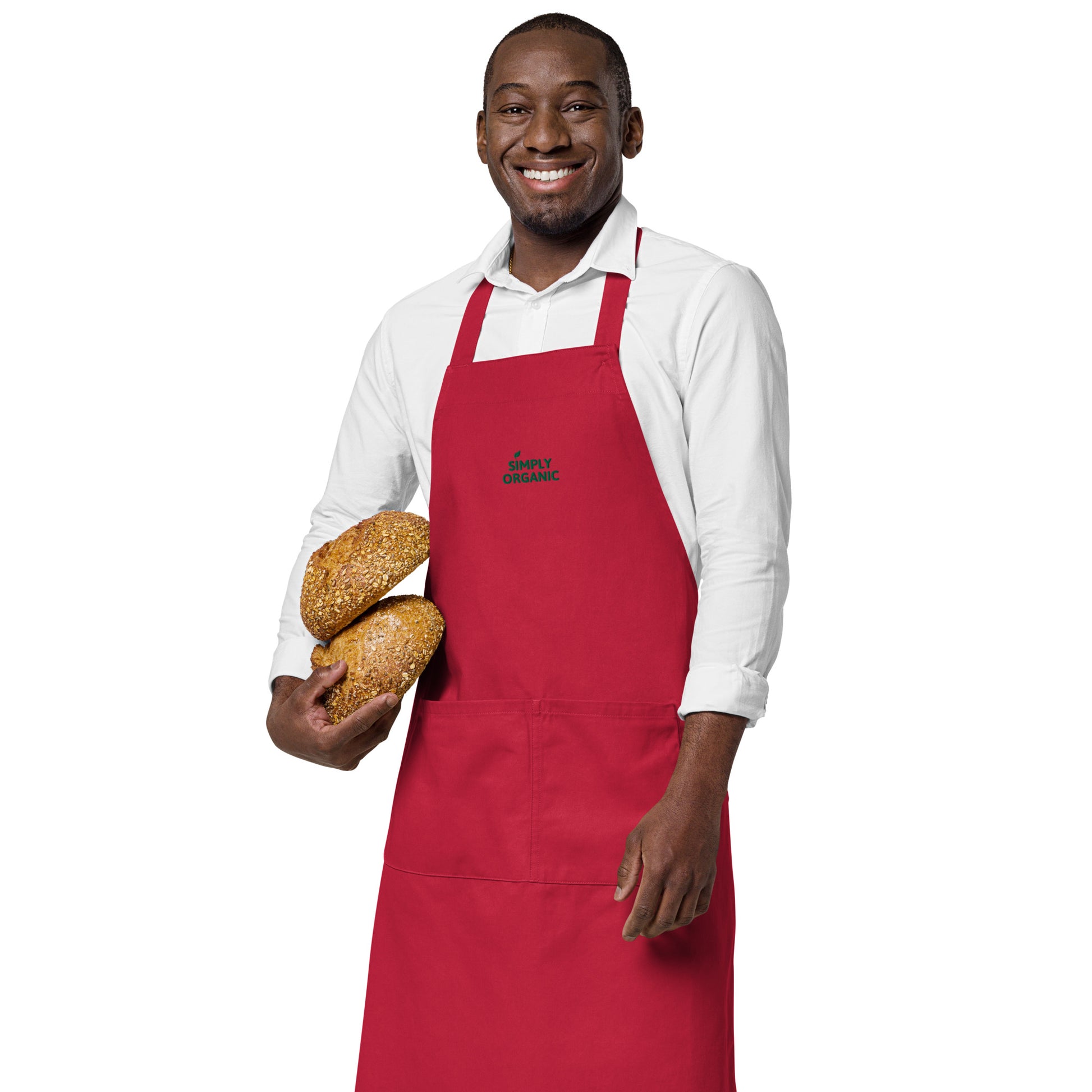 SimplyOrganic Embroidered Organic Cotton Apron red model holding bread