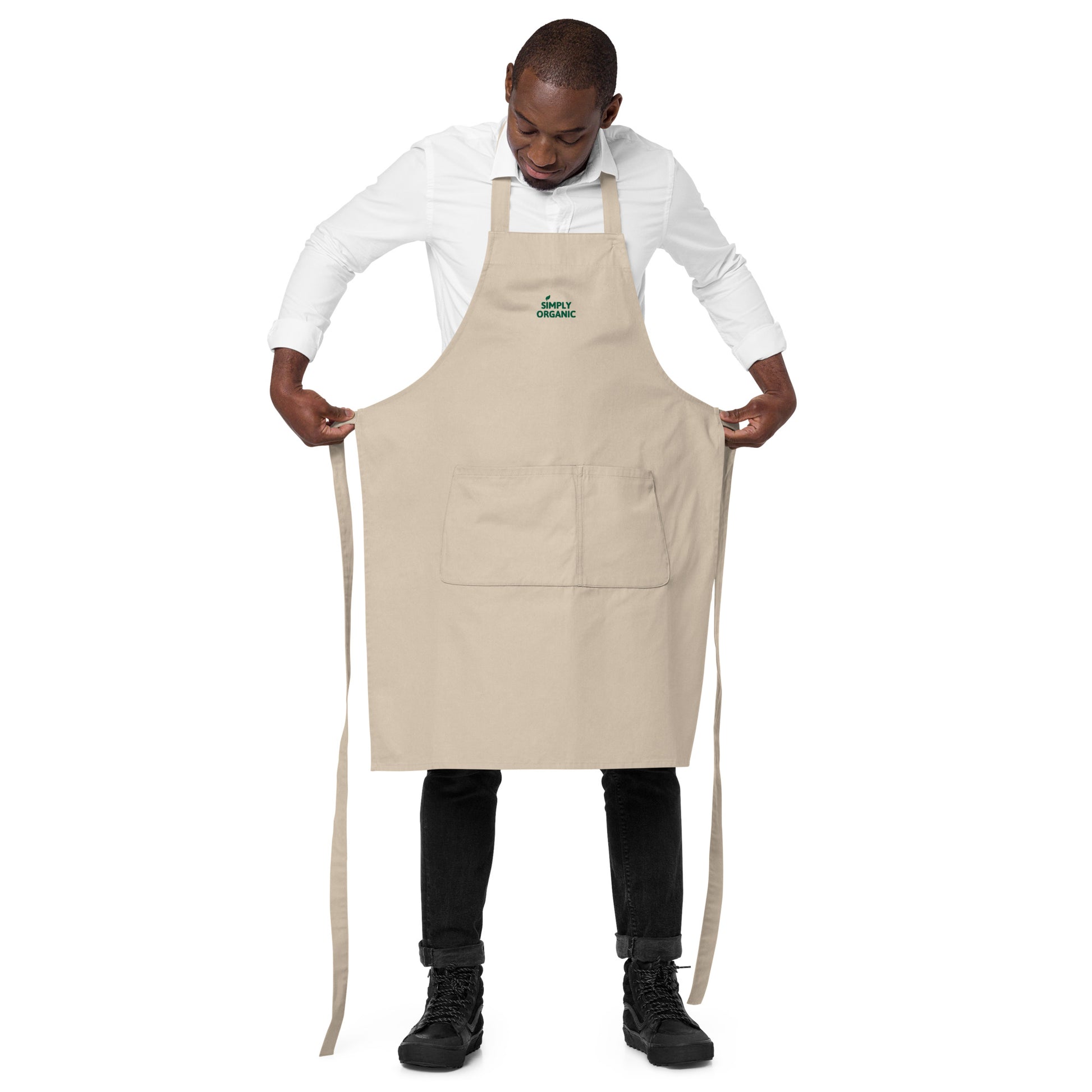 SimplyOrganic Embroidered Organic Cotton Apron khaki open front view