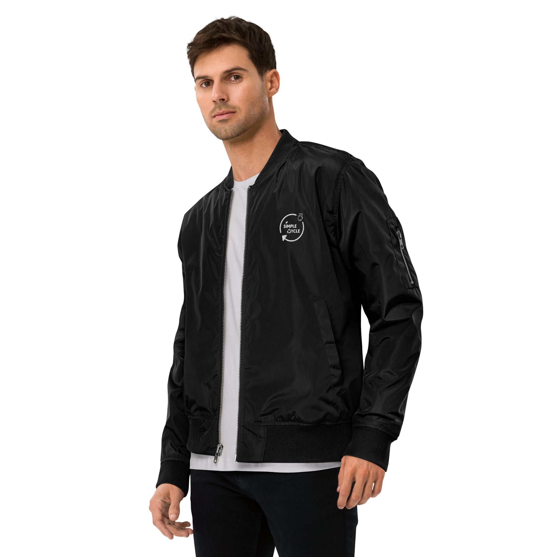 SimpleCycle Embroidered Premium Recycled Bomber Jacket black on a model