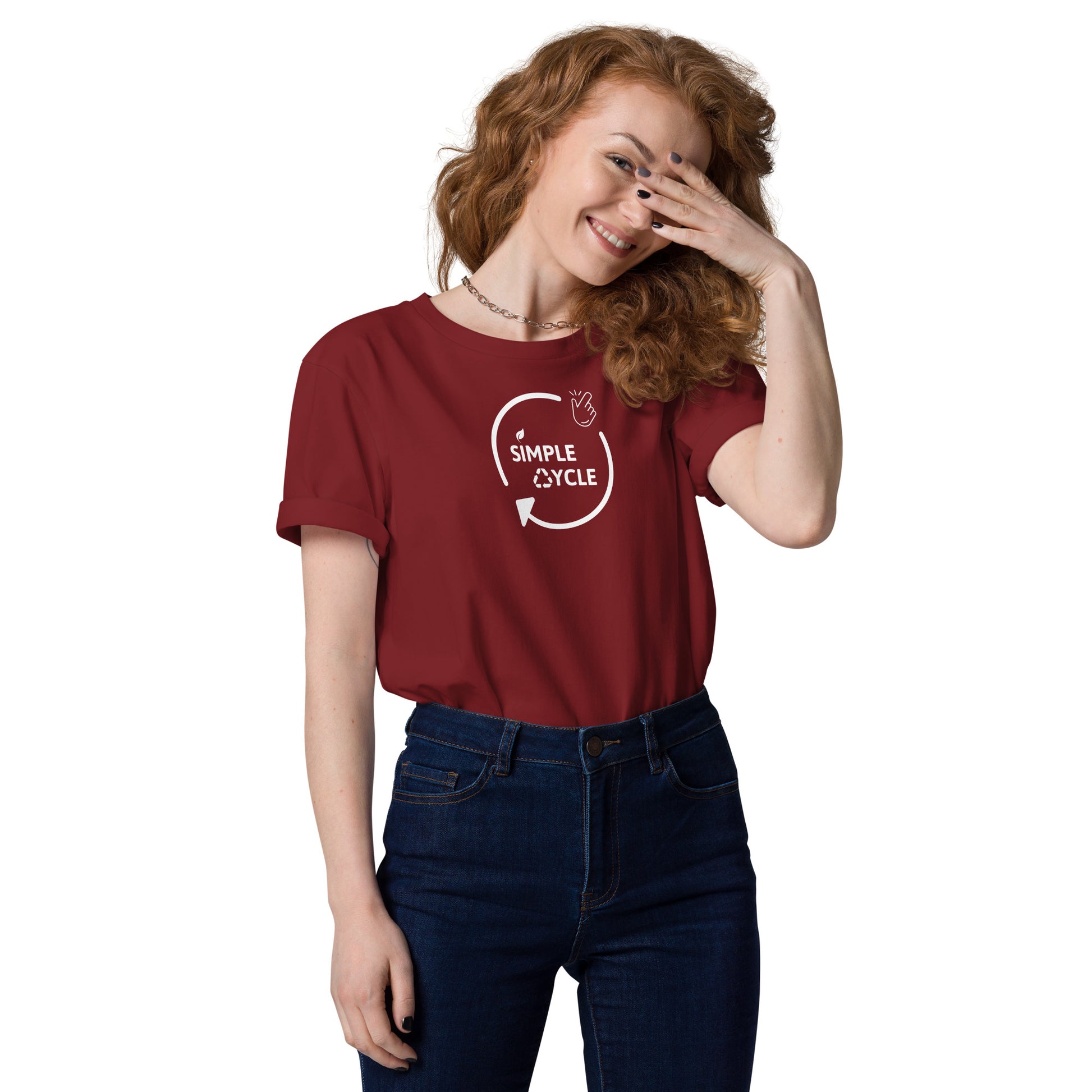 SimpleCycle Unisex Organic Cotton T-Shirt red front model shot