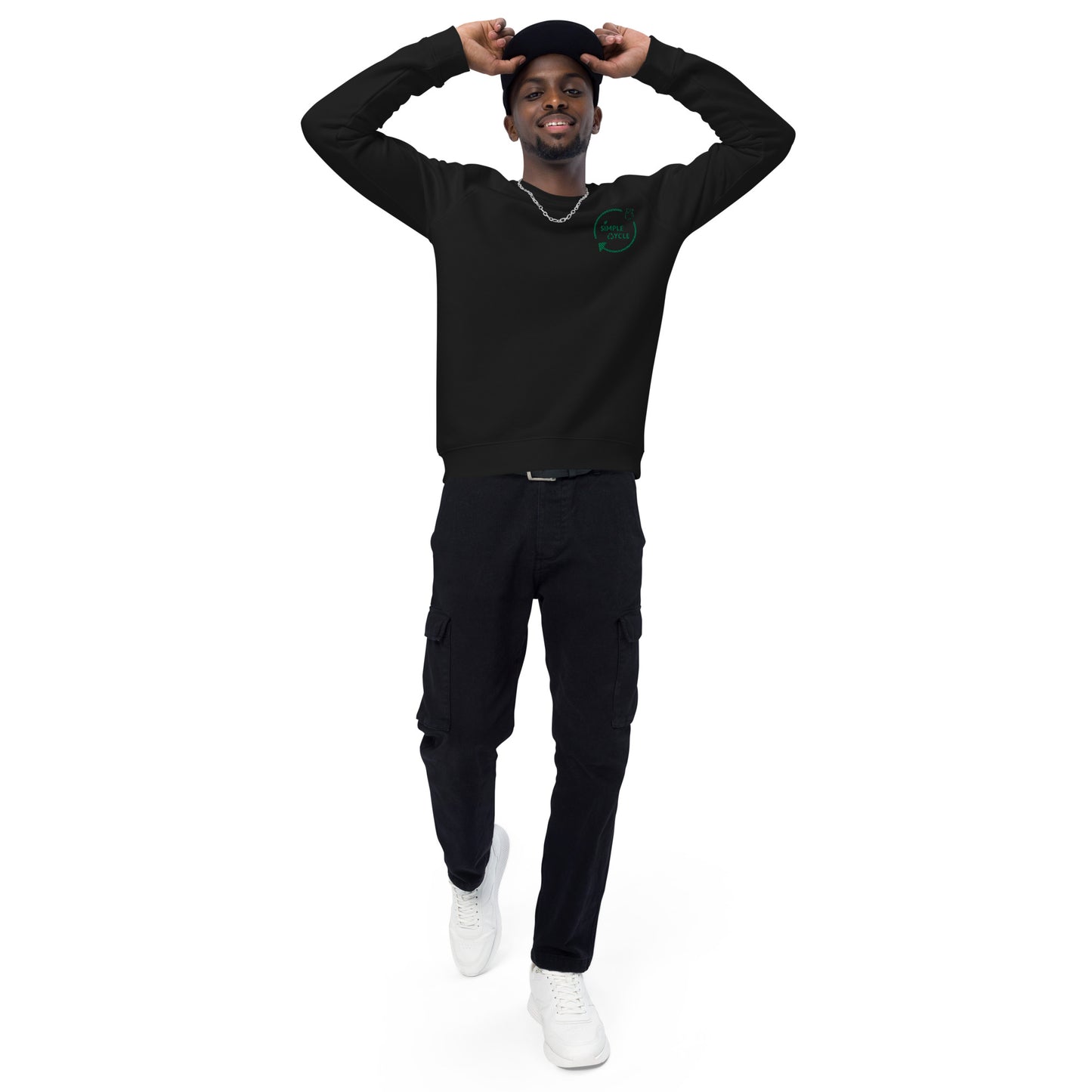 SimpleCycle Unisex Embordered Organic Raglan Sweatshirt black front view full body shot