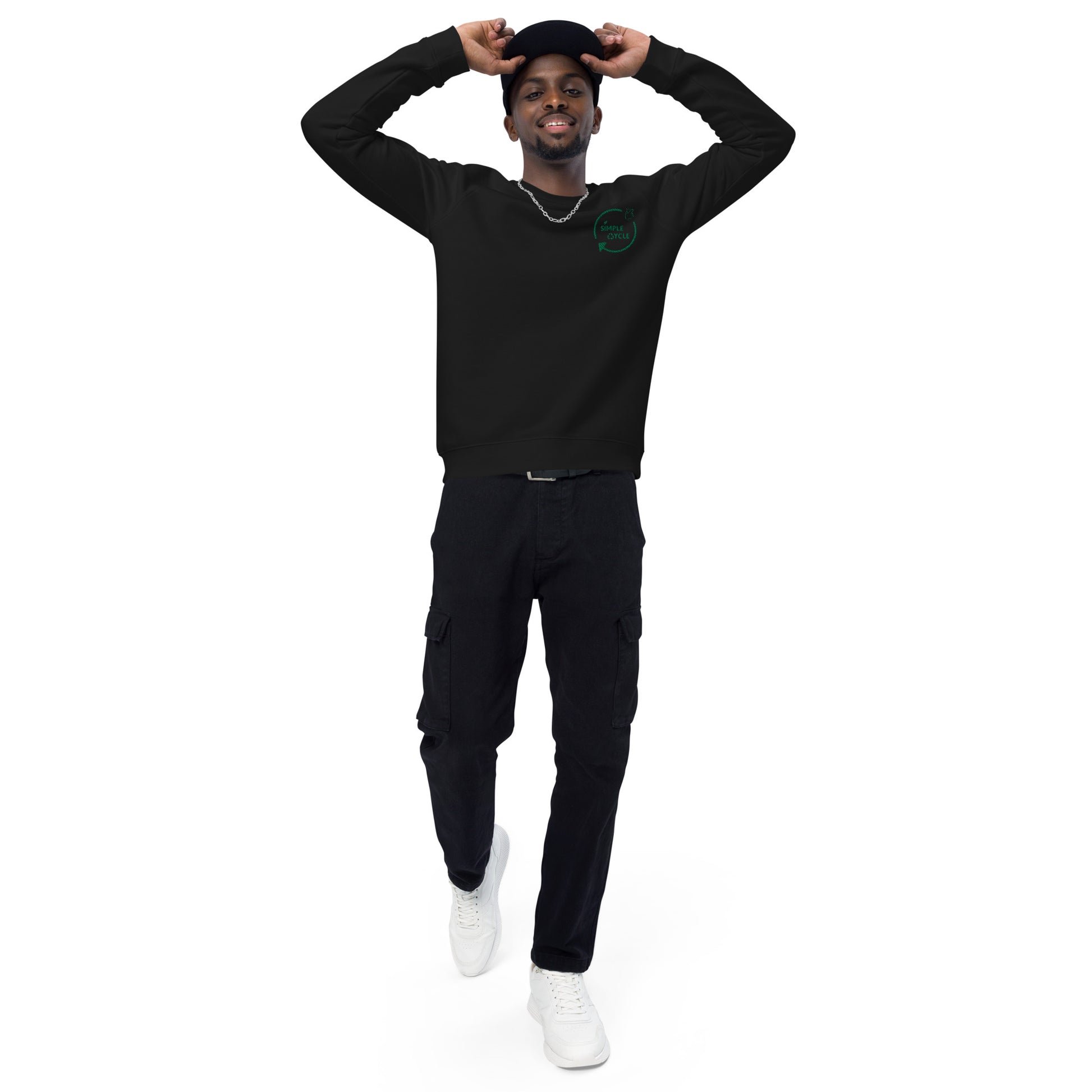 SimpleCycle Unisex Embordered Organic Raglan Sweatshirt black front view full body shot