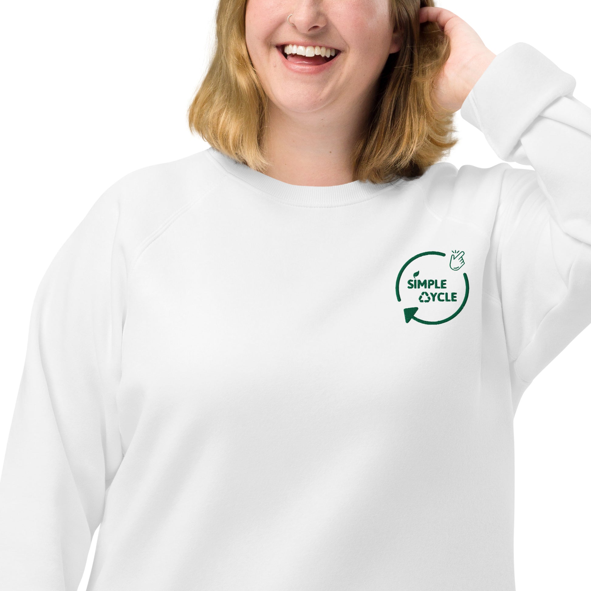 SimpleCycle Unisex Embordered Organic Raglan Sweatshirt white front view