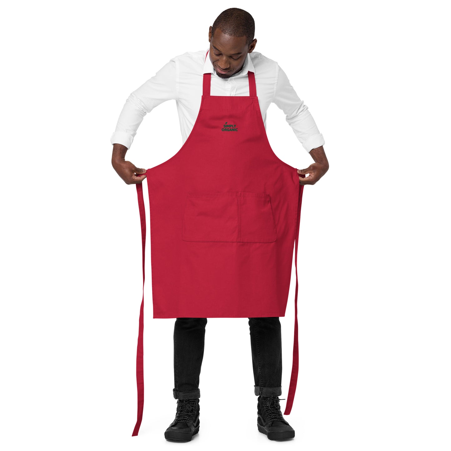 SimplyOrganic Embroidered Organic Cotton Apron red open front view