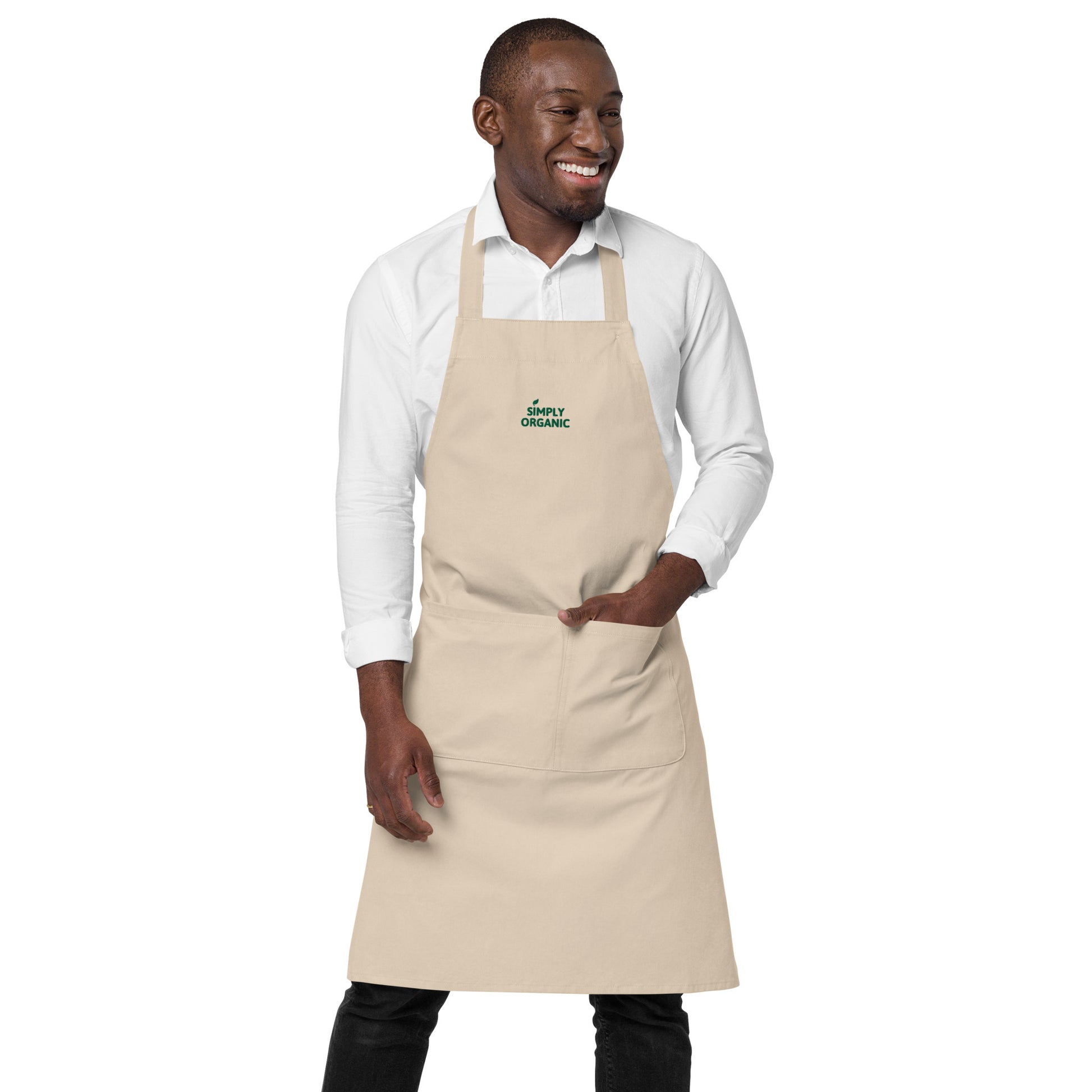 SimplyOrganic Embroidered Organic Cotton Apron khaki front view full body shot