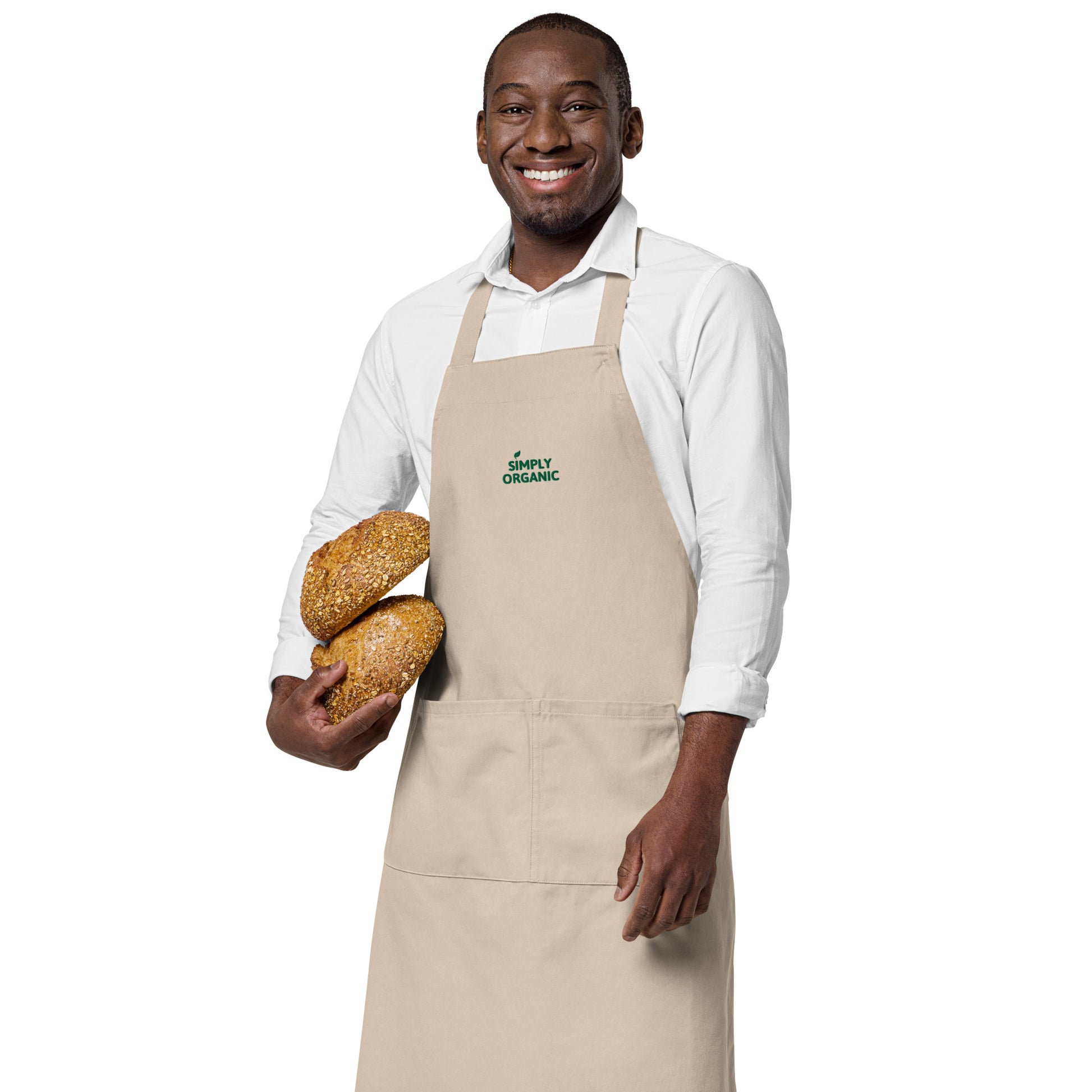 SimplyOrganic Embroidered Organic Cotton Apron khaki man holding bread