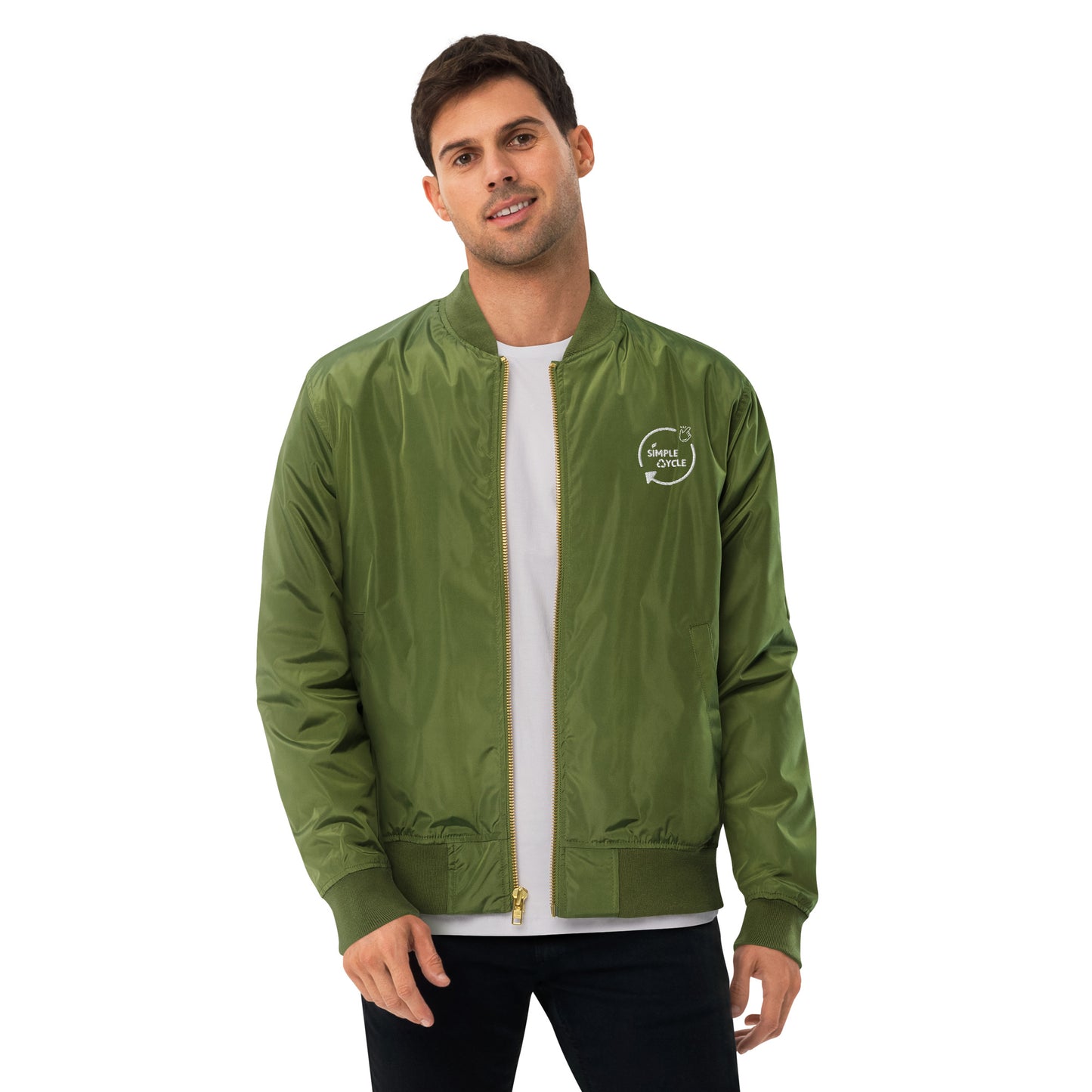 SimpleCycle Embroidered Premium Recycled Bomber Jacket green on a model