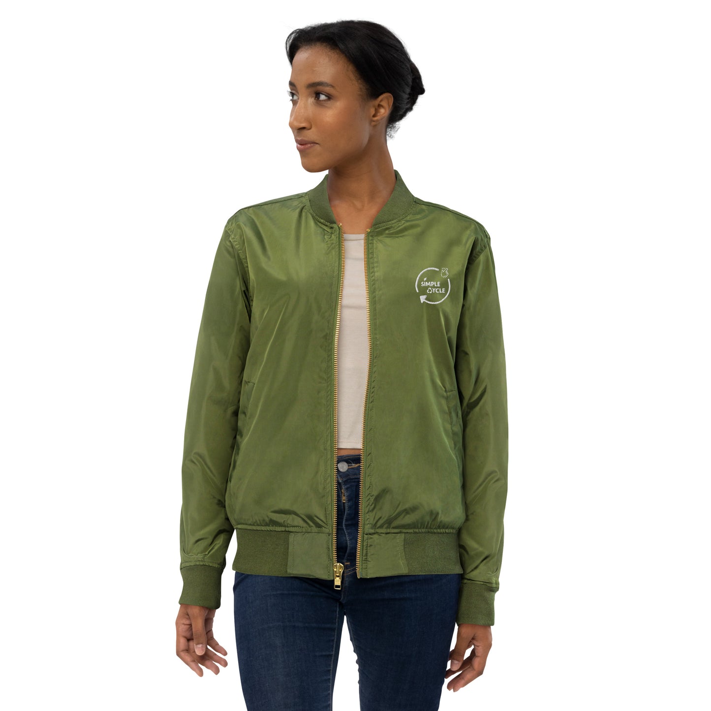 SimpleCycle Embroidered Premium Recycled Bomber Jacket green on a model