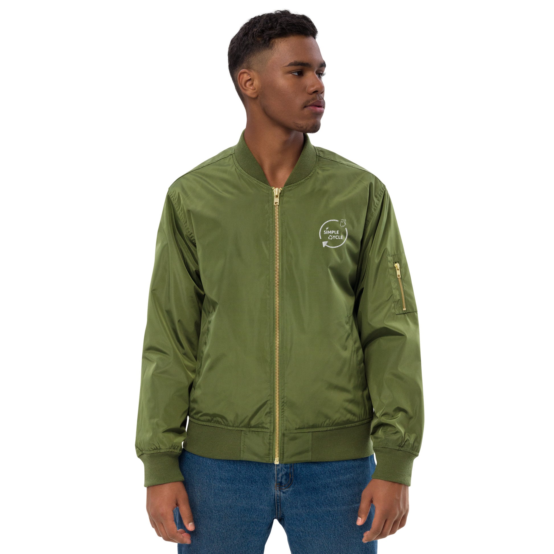 SimpleCycle Embroidered Premium Recycled Bomber Jacket green on a model zipped