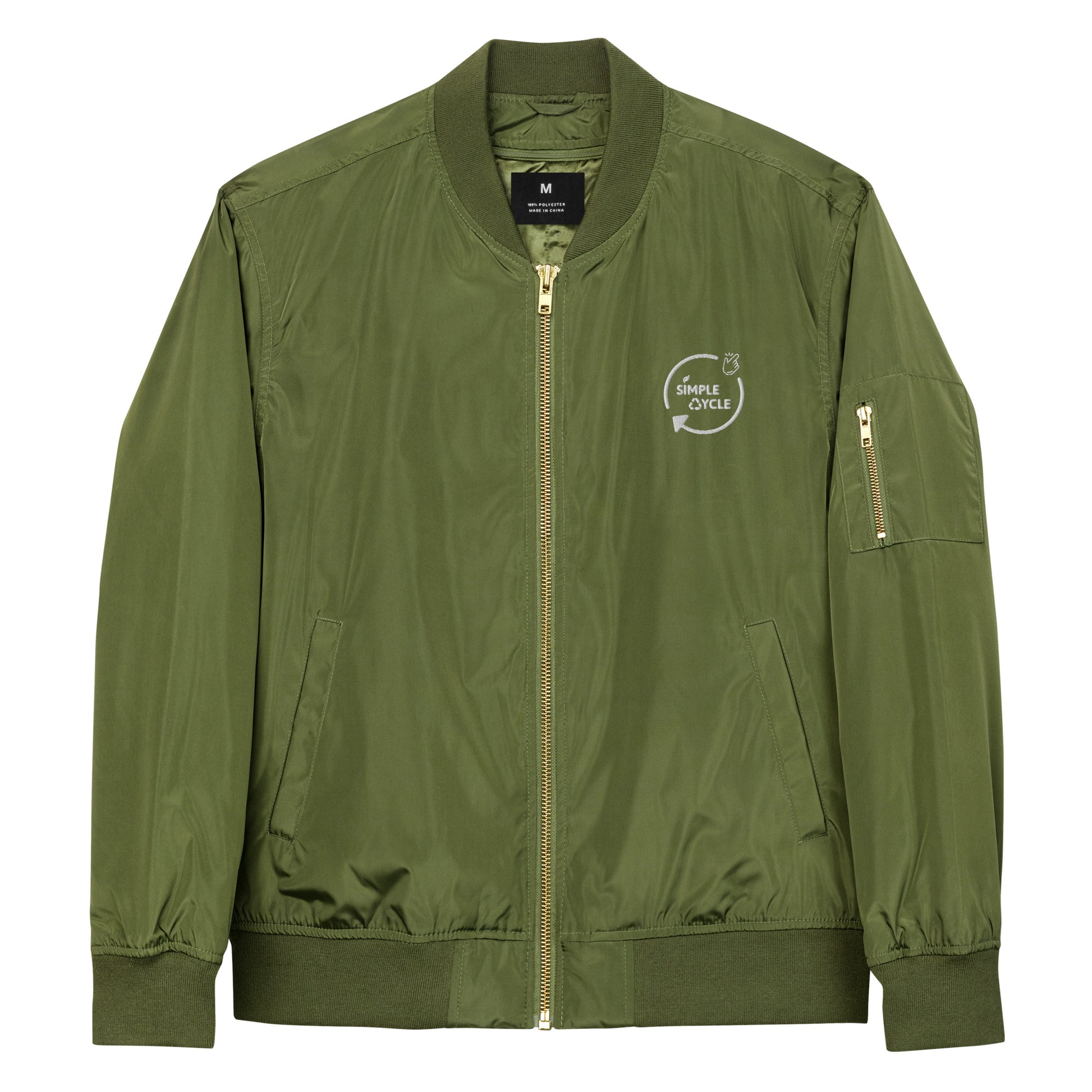 SimpleCycle Embroidered Premium Recycled Bomber Jacket green front view product only