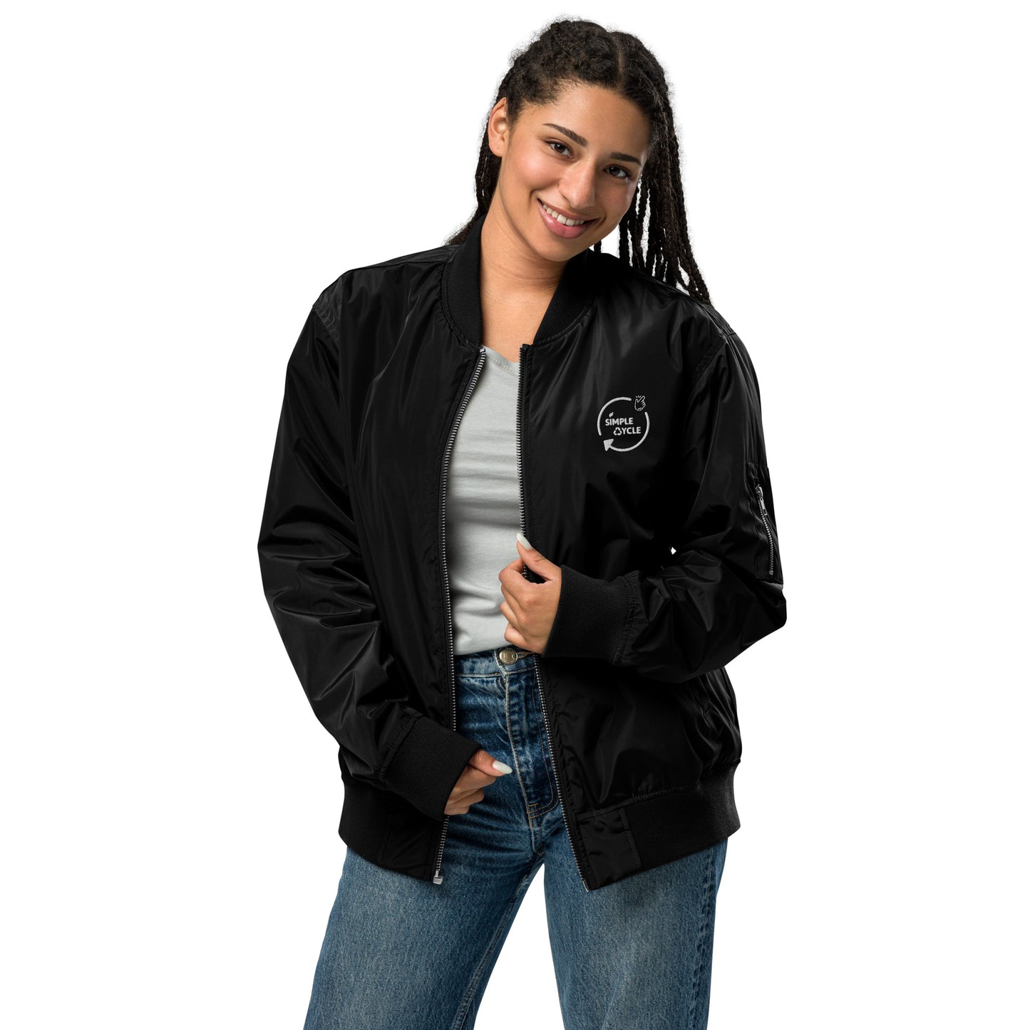 SimpleCycle Embroidered Premium Recycled Bomber Jacket black on a female model