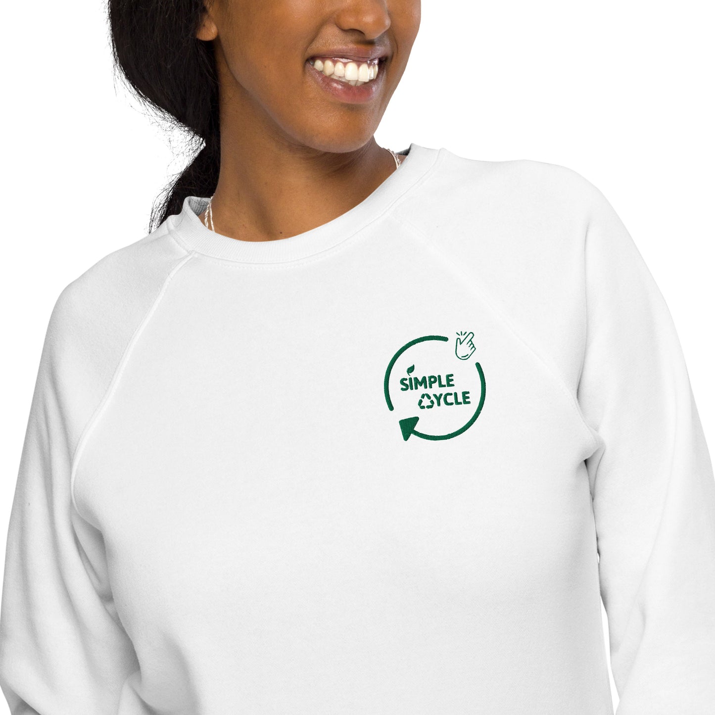 SimpleCycle Unisex Embordered Organic Raglan Sweatshirt front view in white