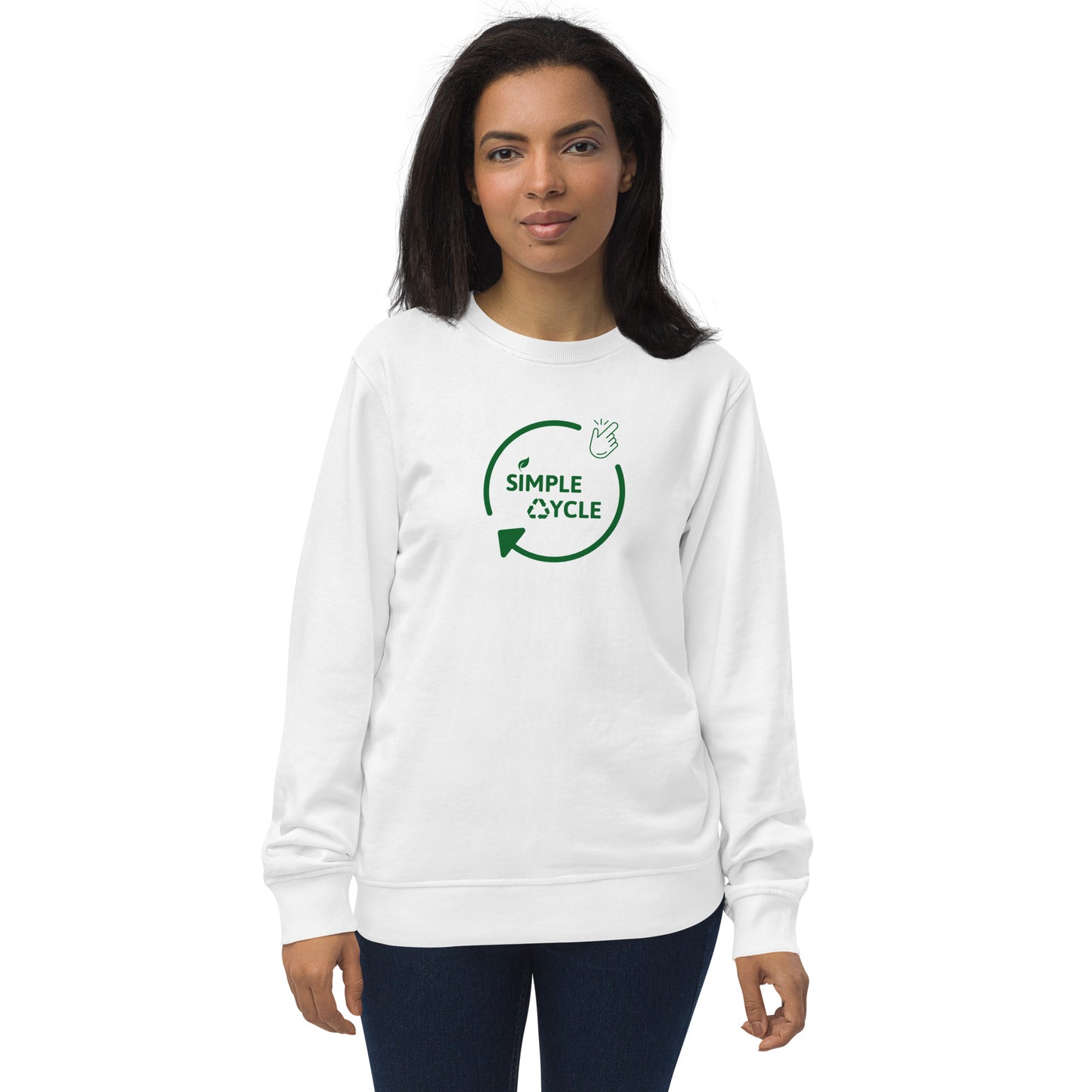 SimpleCycle Branded Unisex Organic Sweatshirt White front full model view