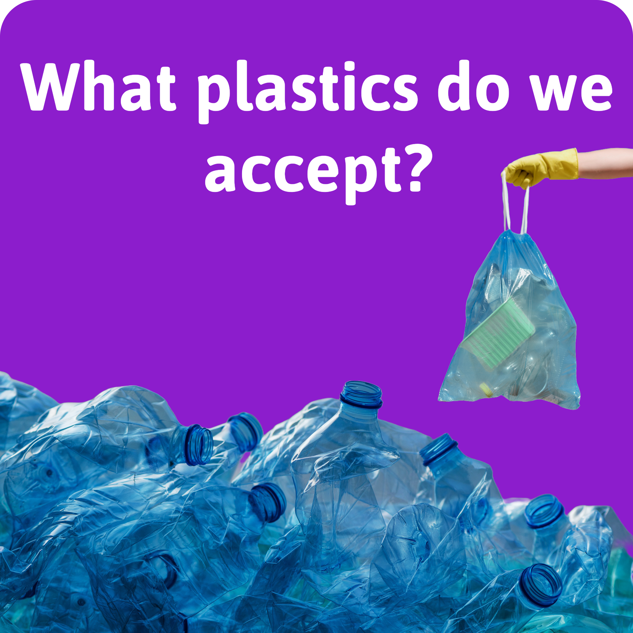 What plastics do we accept is the text on this image. White text over a purple background with plastic bottles piled on the bottom and a hand holding a plastic bag.