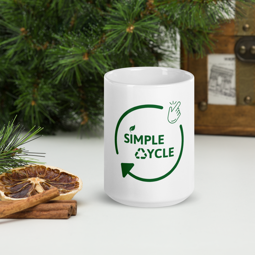 SimpleCycle White Glossy Mug front view in front of a tree