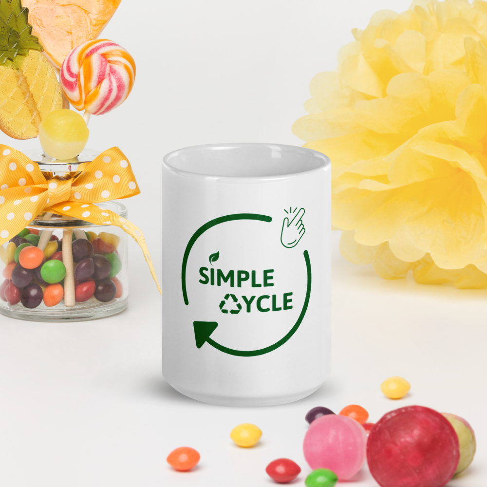 SimpleCycle White Glossy Mug front view with candy