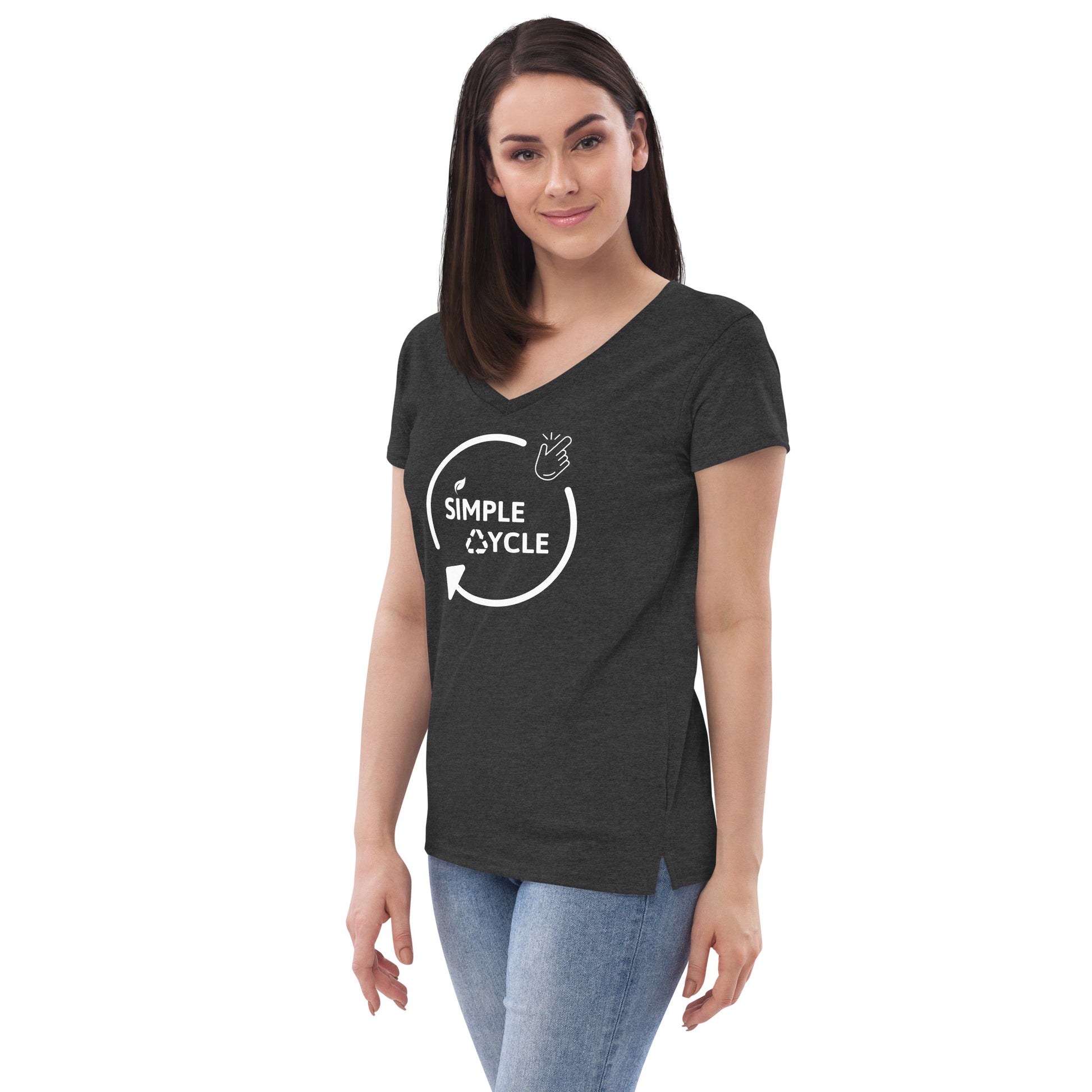 SimpleCycle Women’s Recycled V-Neck T-Shirt charcoal front left