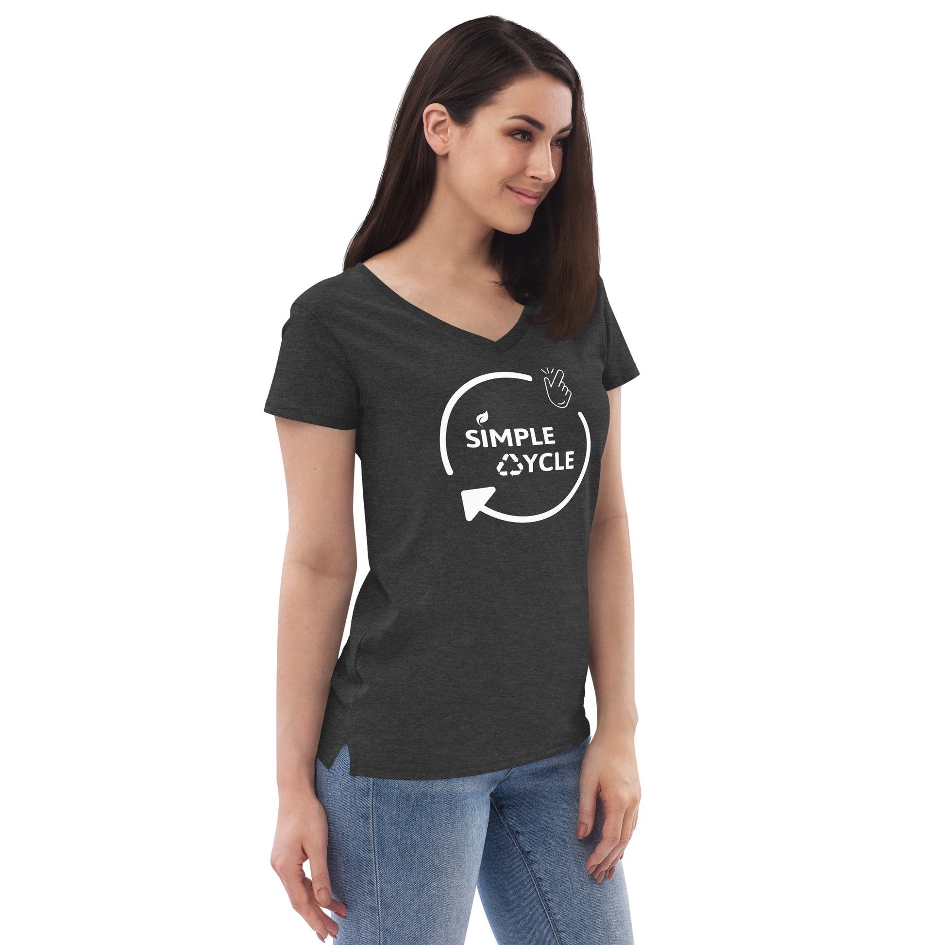 SimpleCycle Women’s Recycled V-Neck T-Shirt charcoal heather grey right front