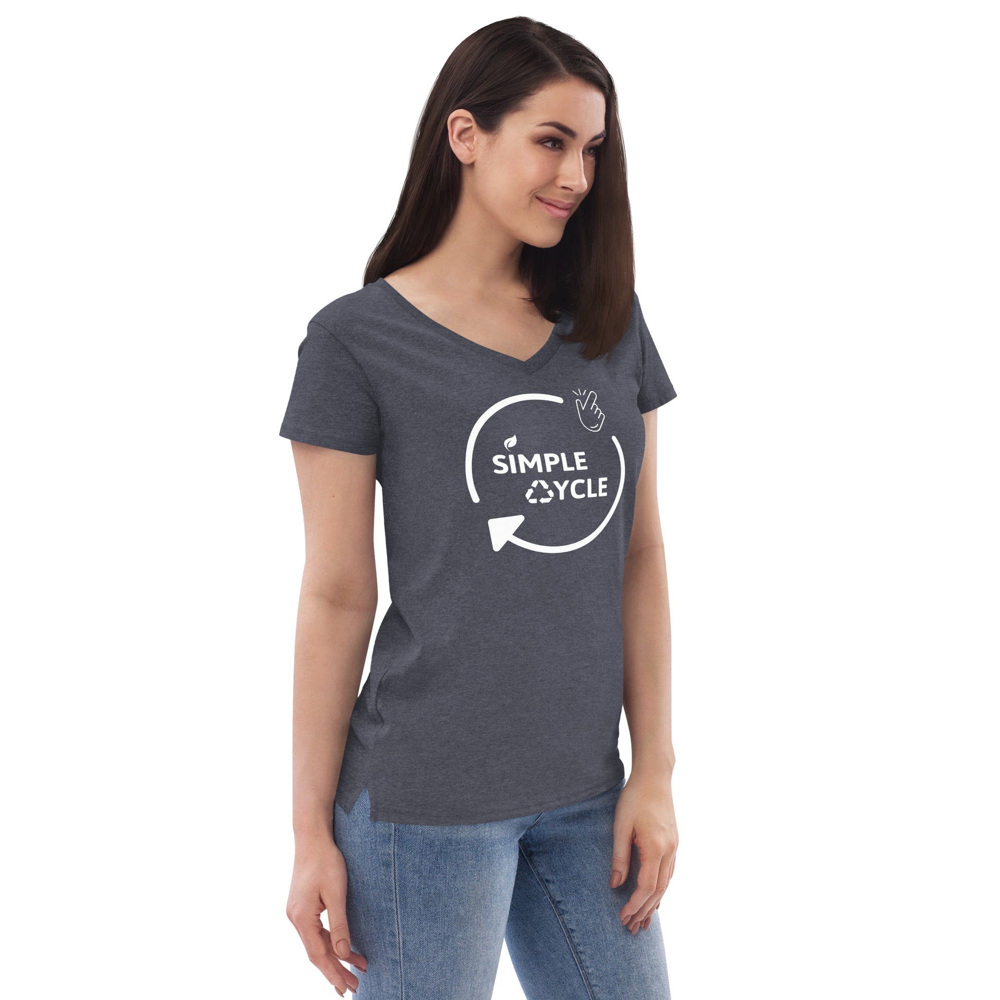 SimpleCycle Women’s Recycled V-Neck T-Shirt heather navy front side view